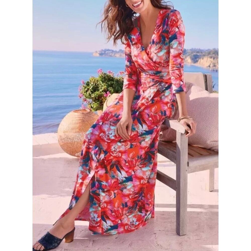 Soft Surroundings Le Jardin Faux Wrap Stretch Knit Maxi Dress Sundress